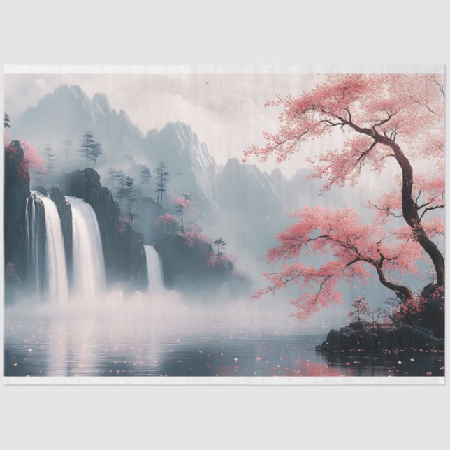 Chinesische Malerei Wasserfall und Kirschblossom B Seidenpapier (Vorderseite)