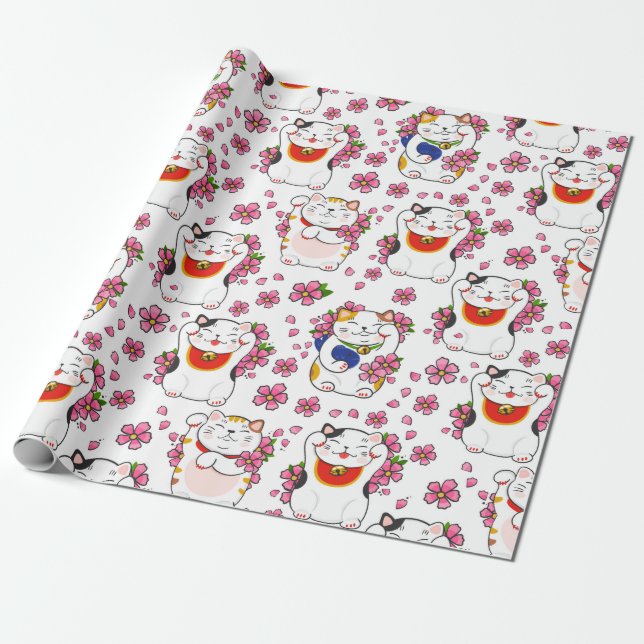 Chinesische Maneki-neko-Katzen Geschenkpapier (Ungerollt)