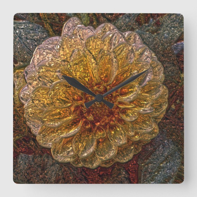 Chinesische Metallhalterung mit gelber Blume Quadratische Wanduhr (Vorderseite)