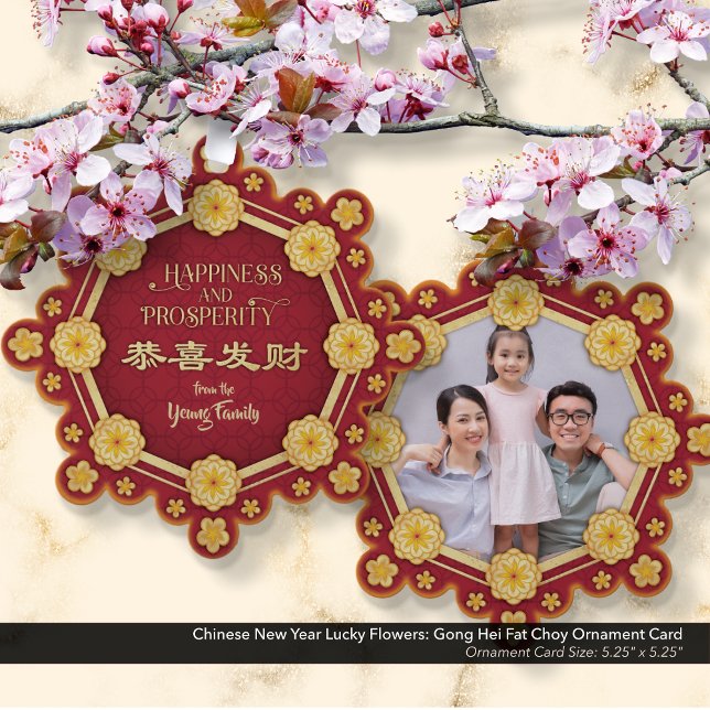 Chinesische Neujahrsglückliche Blume: Gong Hei Fat Ornament Karte (Chinese New Year Lucky Flowers Ornament Family Photo Card: Gong Hei Fat Choy)