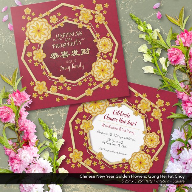 Chinesische Neujahrsgoldene Blume: Gong Hei Fat Ch Einladung (Chinese New Year Golden Flowers Party Invitation: Gong Hei Fat Choy )