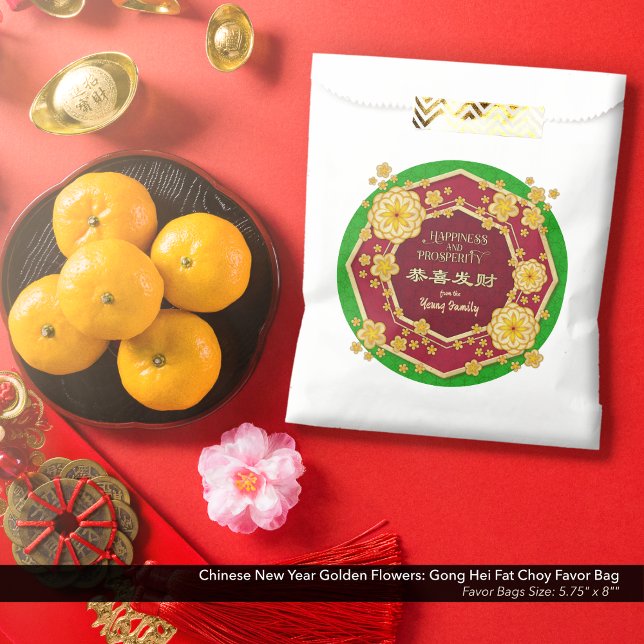 Chinesische Neujahrsgoldene Blume: Gong Hei Fat Ch Geschenktütchen (Chinese New Year Golden Flowers Favor Bag: Gong Hei Fat Choy, with Spring Green Background.)