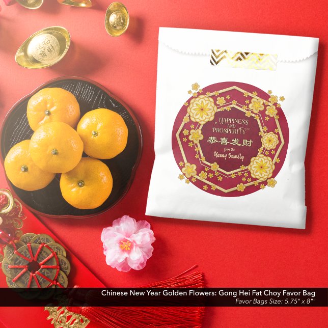 Chinesische Neujahrsgoldene Blume: Gong Hei Fat Ch Geschenktütchen (Chinese New Year Golden Flowers Favor Bag: Gong Hei Fat Choy, with Red Background.)