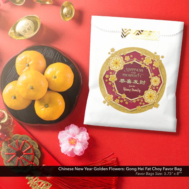 Chinesische Neujahrsgoldene Blume: Gong Hei Fat Ch Geschenktütchen (Chinese New Year Golden Flowers Favor Bag: Gong Hei Fat Choy, with Yellow Gold Background.)
