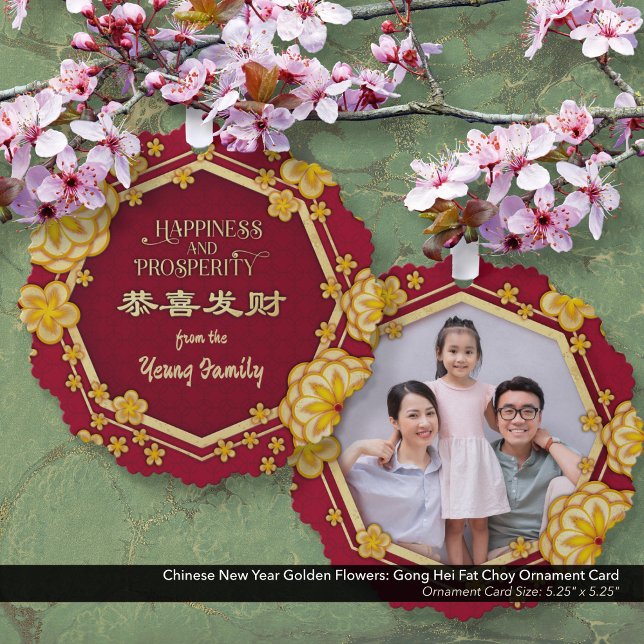 Chinesische Neujahrsgoldene Blume: Gong Hei Fat Ch Ornament Karte (Chinese New Year Golden Flowers Family Photo Ornament Card: Gong Hei Fat Choy )