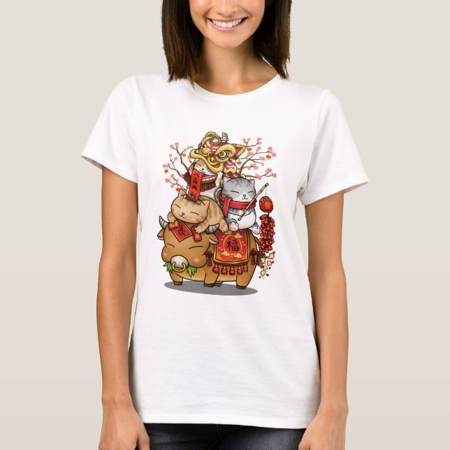 Chinesische Neujahrskuhe und Katzen T-Shirt (Vorderseite)