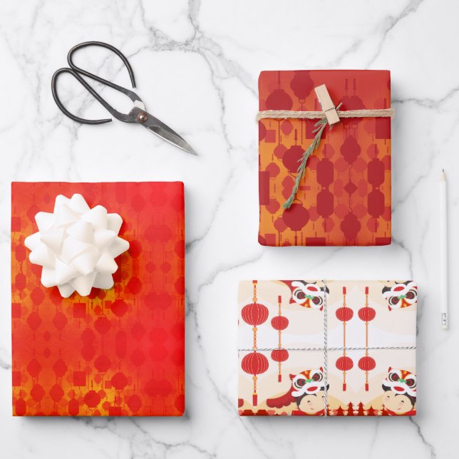 Chinesische New Year Lion Dance Lanterns W3PS Geschenkpapier Set (Vorderseite)