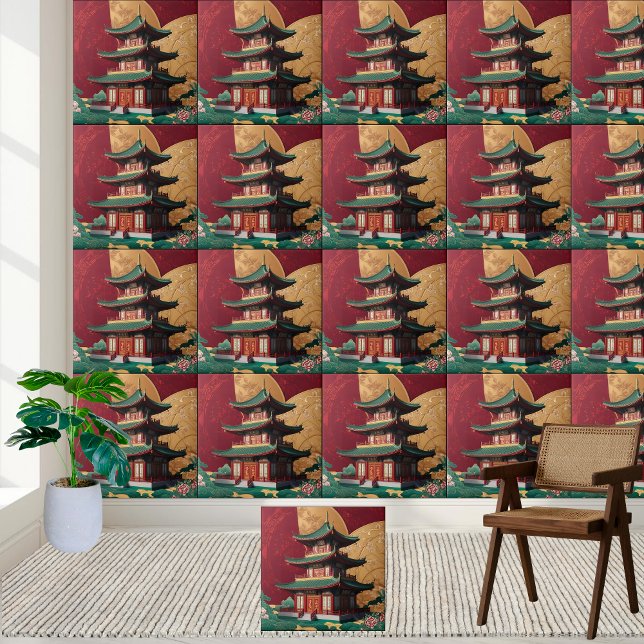 Chinesische Pagoda Chinoiserie Tile Fliese (Elegant Chinese Pagoda Chinoiserie Tile)