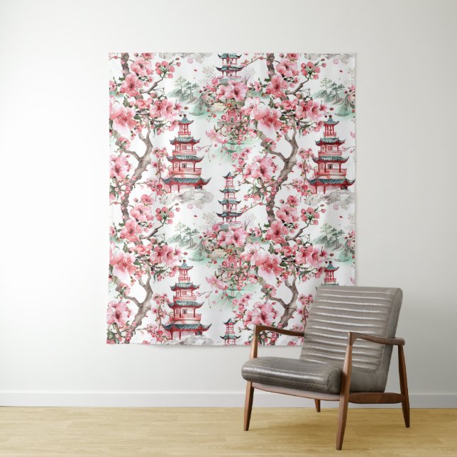 Chinesische Pagode - Kirschblüten (10) Wandteppich (Beispiel)