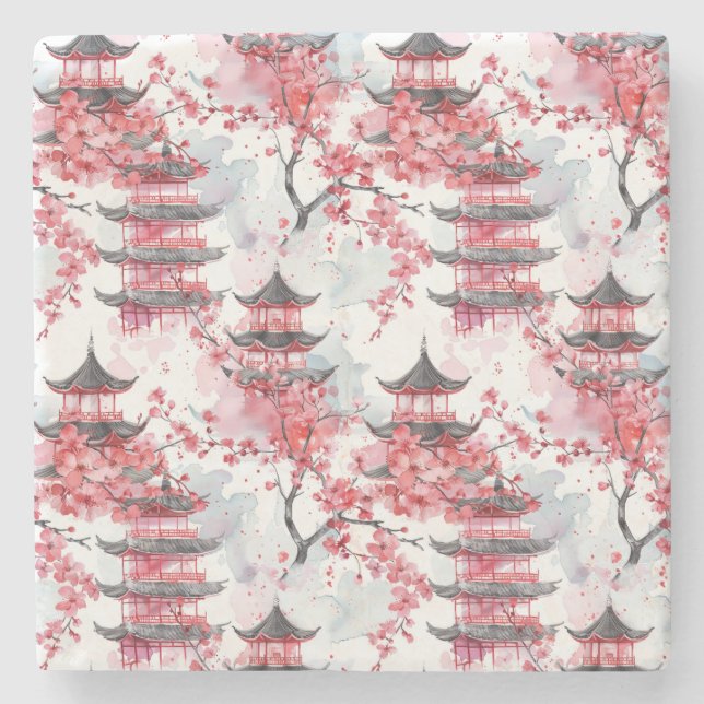 Chinesische Pagode mit Kirschblüten (2) Steinuntersetzer (Vorderseite)