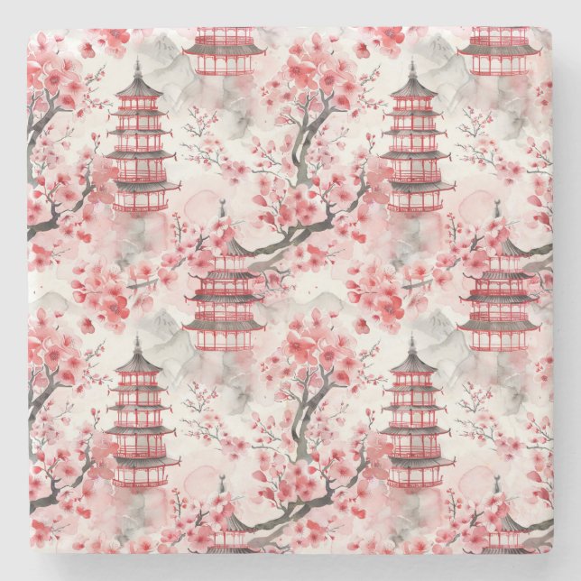 Chinesische Pagode mit Kirschblüten (9) Steinuntersetzer (Vorderseite)