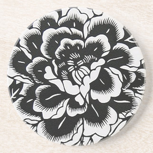 Chinesische Papier-Cut-Peony in Schwarz Getränkeuntersetzer (Vorne)