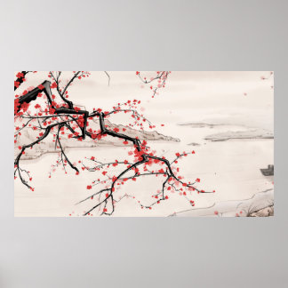 Chinesische Riverside Plum Blossom Tinte Malerei Poster