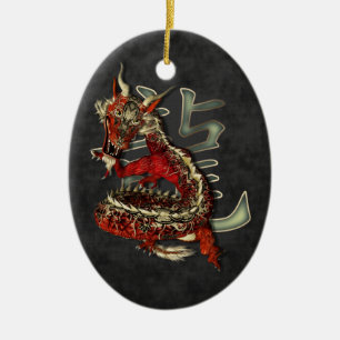 Chinesische rote Drache-Oval-Verzierung Keramikornament
