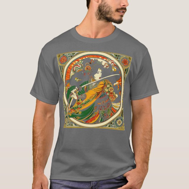 Chinesische Schwertfrau im Jugendstil von Mucha T-Shirt (Vorderseite)