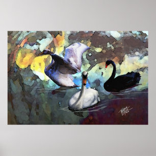 Chinesische schwimmende Aquarell-Art-Schwäne Poster