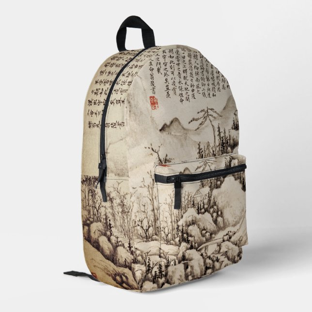 Chinesische Scroll-Tintenlandschaft Bedruckter Rucksack (Rückseitige Ecke links)