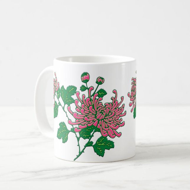 Chinesische Spider Chrysanthemen in Korallenrosa Kaffeetasse (Vorderseite Links)