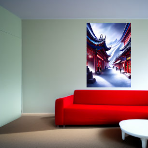Chinesische Stadt im schneebedeckten Berg Art de Poster