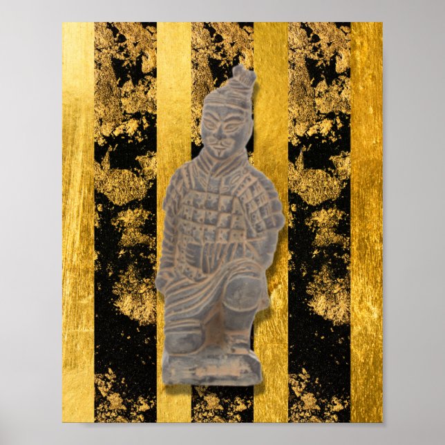 Chinesische Terracotta-Kriegerin Gold Black Wall Poster (Vorne)