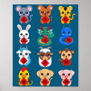 Chinesische Tierkreiszeichen Mondneujahr Poster
