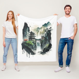 Chinesische Tintenlandschaft mit Wasserfall Fleecedecke