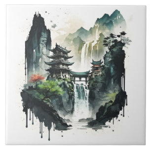 Chinesische Tintenlandschaft mit Wasserfall Fliese