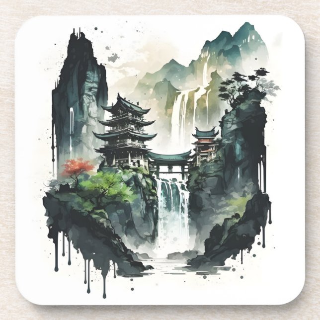 Chinesische Tintenlandschaft mit Wasserfall Getränkeuntersetzer (Vorderseite)