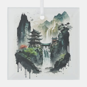 Chinesische Tintenlandschaft mit Wasserfall Ornament Aus Glas