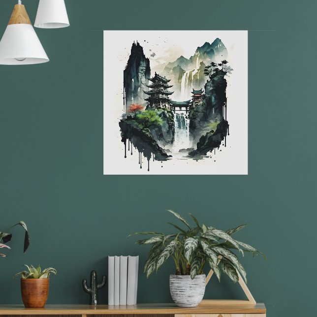 Chinesische Tintenlandschaft mit Wasserfall Poster (Wohnzimmer 1)