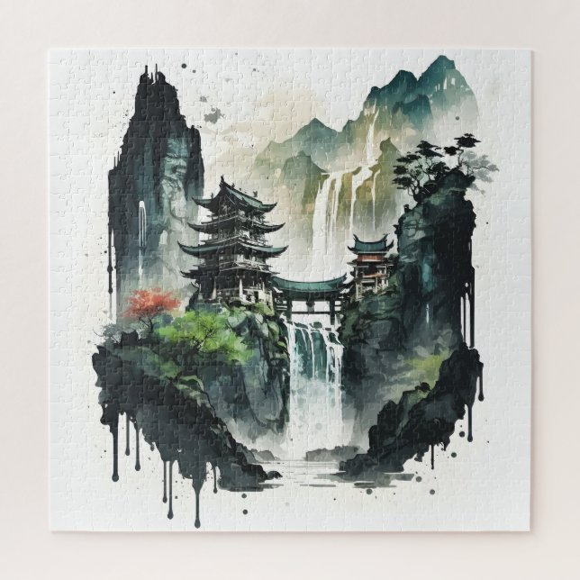 Chinesische Tintenlandschaft mit Wasserfall Puzzle (Vertikal)