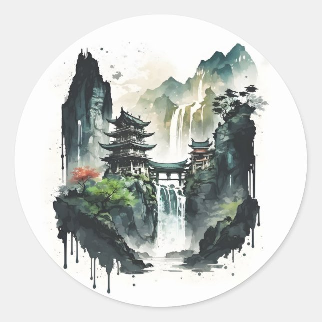 Chinesische Tintenlandschaft mit Wasserfall Runder Aufkleber (Vorderseite)