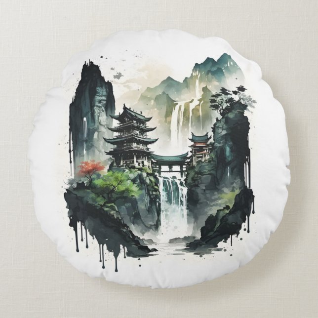 Chinesische Tintenlandschaft mit Wasserfall Rundes Kissen (Vorderseite)
