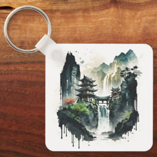 Chinesische Tintenlandschaft mit Wasserfall Schlüsselanhänger