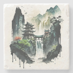 Chinesische Tintenlandschaft mit Wasserfall Steinuntersetzer