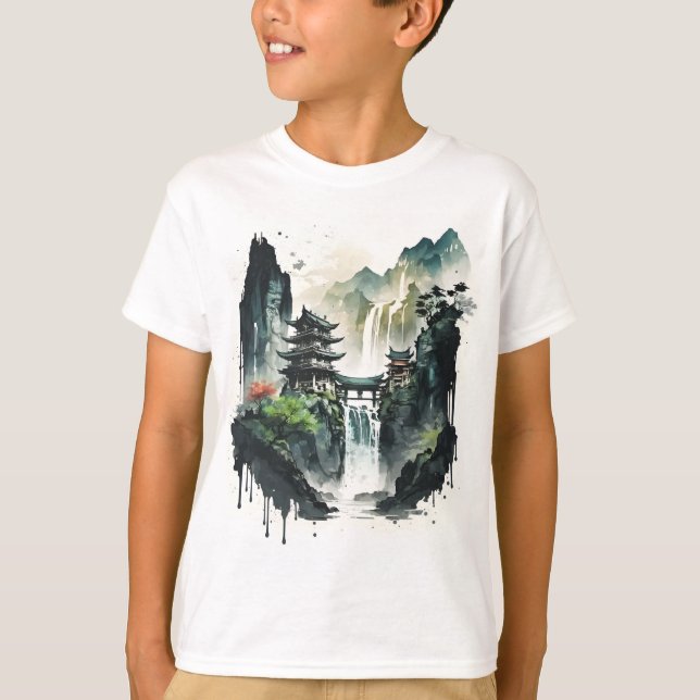 Chinesische Tintenlandschaft mit Wasserfall T-Shirt (Vorderseite)