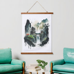 Chinesische Tintenlandschaft mit Wasserfall Wandteppich Mit Holzrahmen