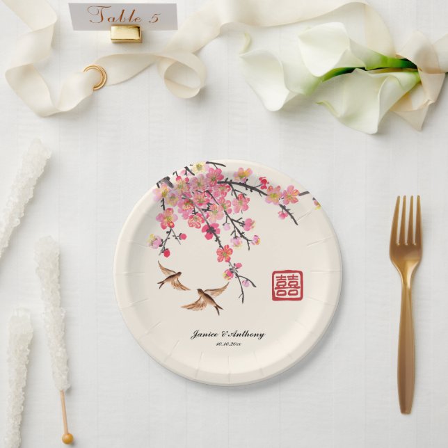 Chinesische Tintenmalerei Blume Vögel Hochzeit Pappteller (Hochzeit)