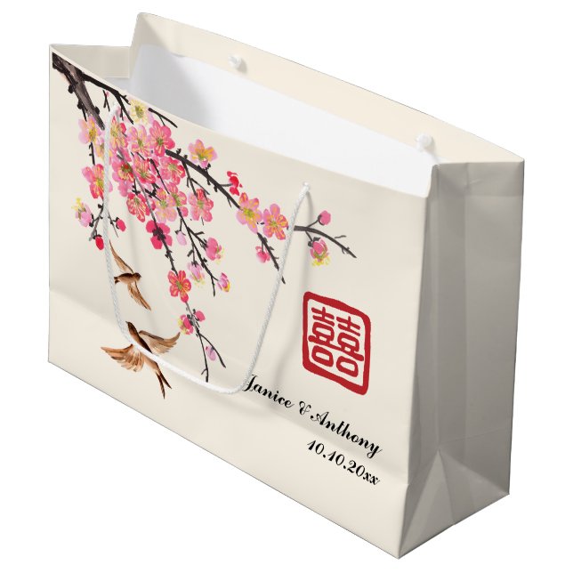 Chinesische Tintenmalerei Blumenvogelhochzeit Große Geschenktüte (Vorderseite Schrägansicht)