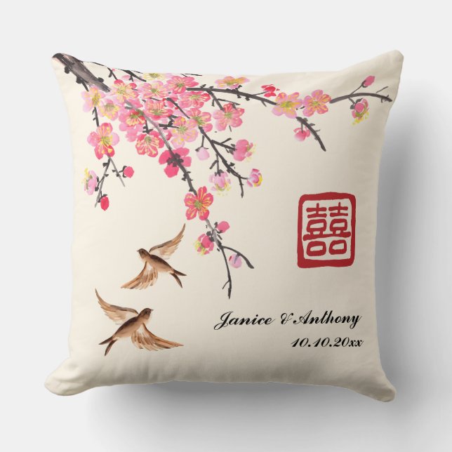 Chinesische Tintenmalerei Blumenvogelhochzeit Kissen (Vorderseite)