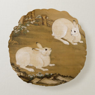Chinesische Vintage-Kunst Zwei weiße Hasen Malerei Rundes Kissen