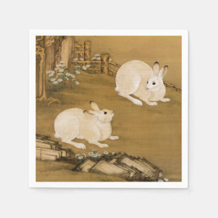 Chinesische Vintage-Kunst Zwei weiße Kaninchen Gem Serviette