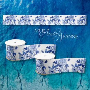 Chinesische Vintage-Pfingstrose Blumen Blau und We Satinband