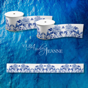 Chinesische Vintage-Pfingstrose Blumen-Vogel Blaue Satinband