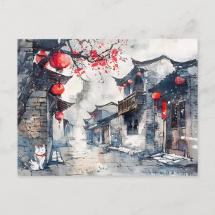 Chinesische Wasserfarbe Laterne-Lit Altstadt Postkarte