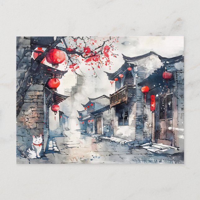 Chinesische Wasserfarbe Laterne-Lit Altstadt Postkarte (Vorderseite)