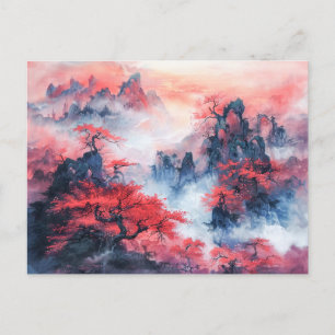 Chinesische Wasserfarben Herbstgebirge bei Sonnenu Postkarte