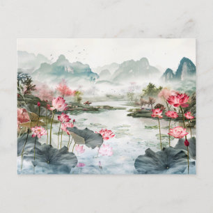 Chinesische Wasserfarben Lotus und Serengebirge Postkarte