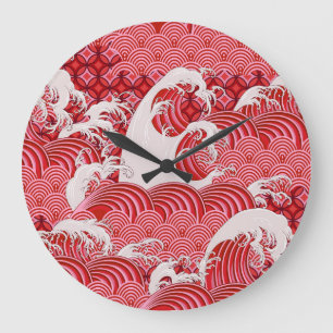 Chinesische Wellen: Dekorativer Nahtloser Stil. Große Wanduhr