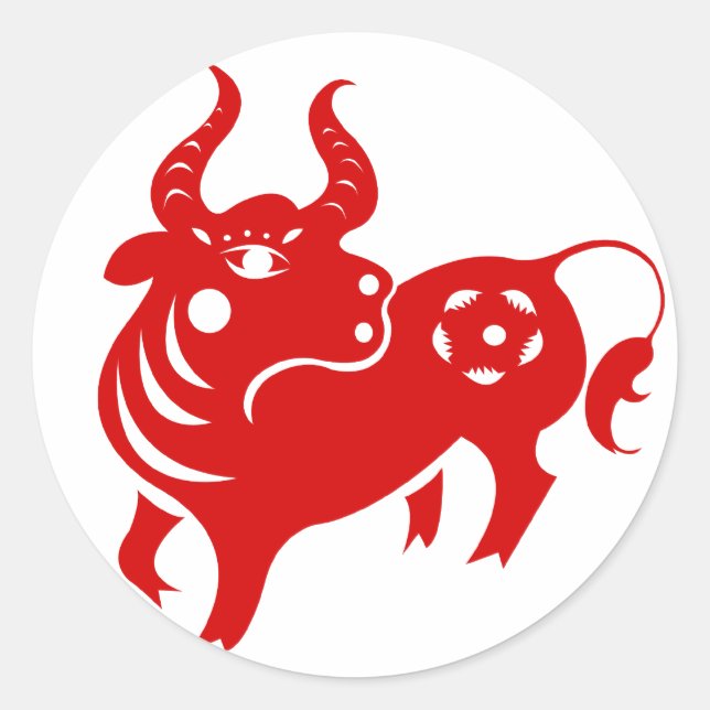 CHINESISCHE ZODIAC OX PAPERCUT ILLUSTRATION RUNDER AUFKLEBER (Vorderseite)